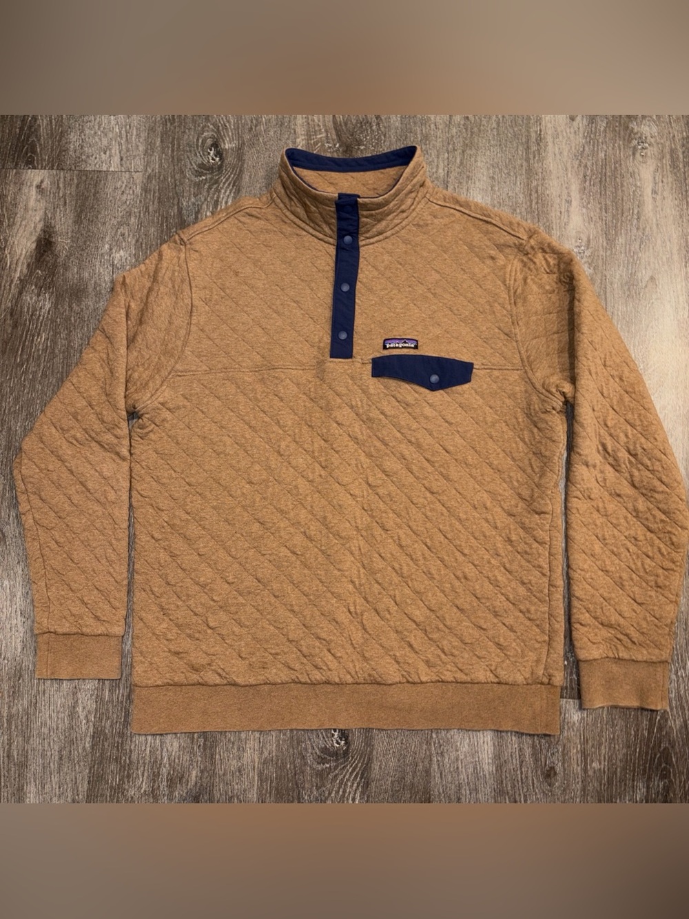 Patagonia Tan Pullover with Navy Trim and Multicolor Logo